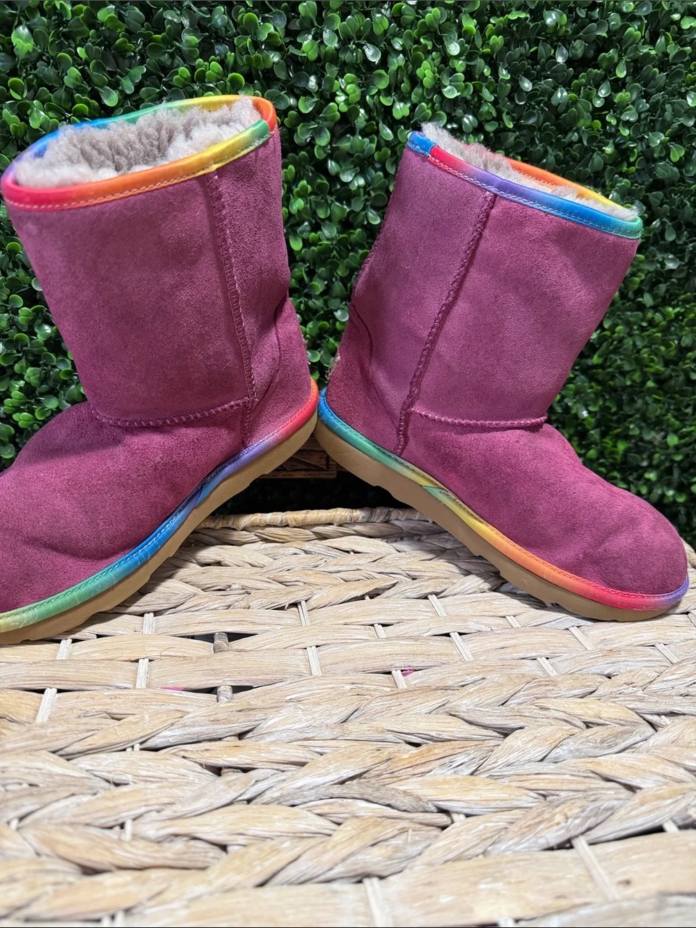 UGG Kids Plum Suede Boots with Rainbow Trim